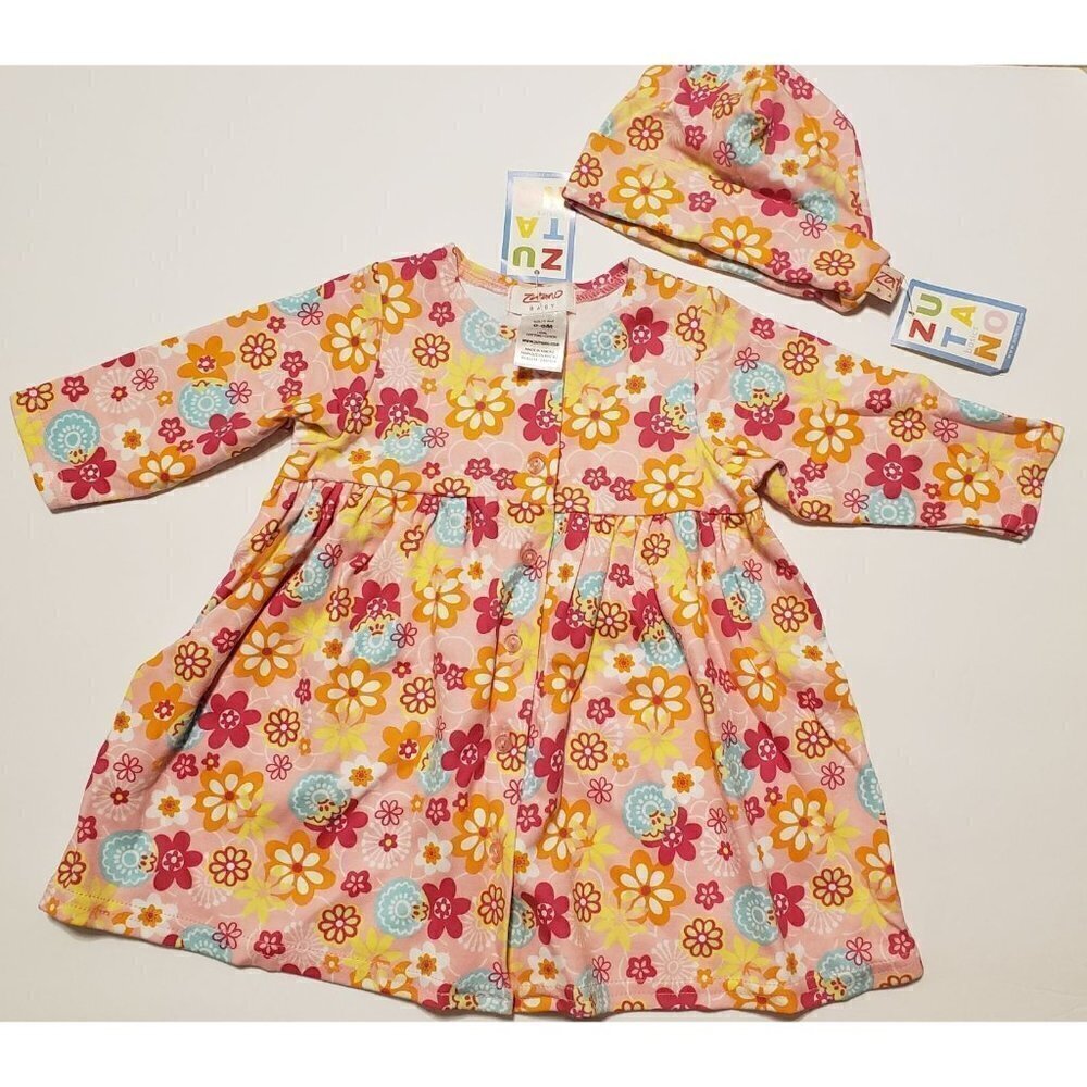 Zutano baby girl 0-6 months long sleeve floral dress and hat